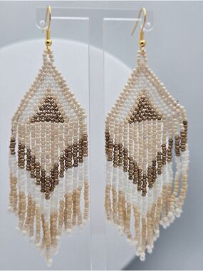 Aztec Beaded Fringe Earrings Handmade Boho Teardrop Neutral Tan Bronze 4"